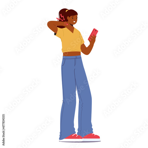 Hunched Female Character With Phone In Hand, Displays Poor Posture, Leading To Neck Strain, Manifesting In Discomfort