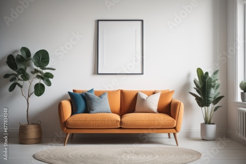 Cute loveseat sofa next to potted houseplant Against wall with frame poster. Scandinavian home interior design of modern living room in farmhouse