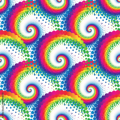 Rainbow abstract circles spiral halftone seamless pattern background. 