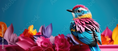 The beautiful bird with its colorful feathers stood against a bright pink background showcasing a stunning pattern and adding a touch of light to the flat and decorative beauty of the space © TheWaterMeloonProjec