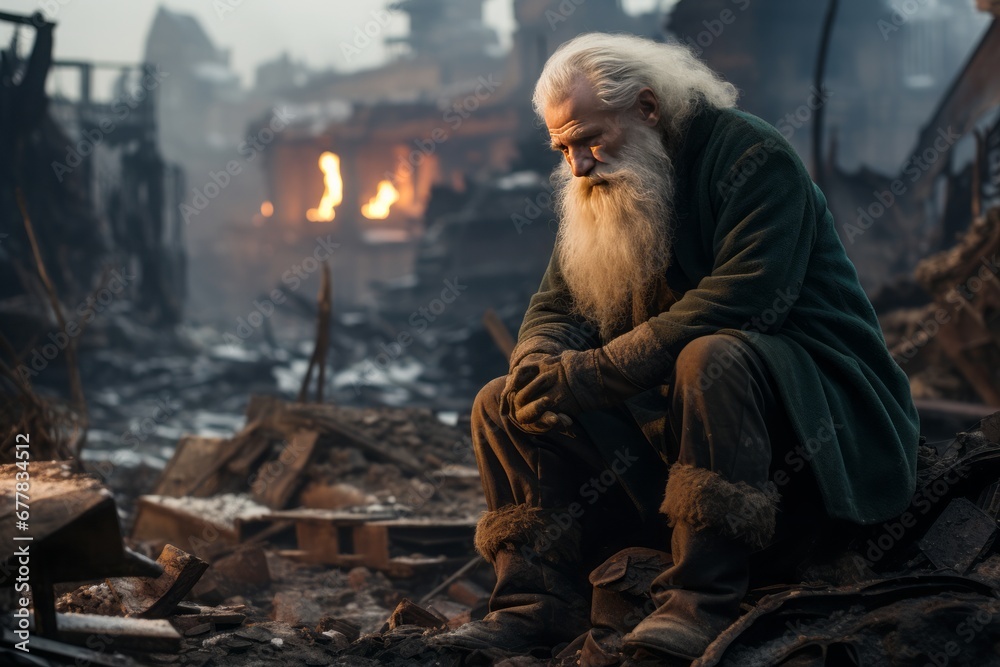 Portrait of old man with a long thick beard, resembling Santa Claus, sitting on the ruins of city buildings, his clothes are worn out, he is upset