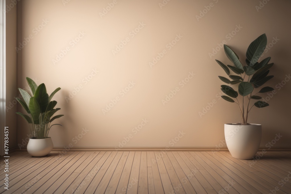  Empty room interior background, beige wall, pot with plant, wooden flooring