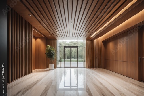 Elegant interior design of modern spacious entrance hall with door and wooden paneling walls