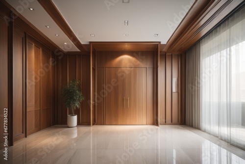 Elegant interior design of modern spacious entrance hall with door and wooden paneling walls © Marko