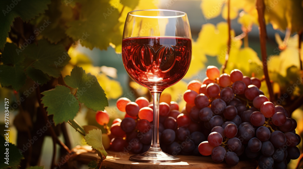 Beautiful glass of wine on a background of nature, grapes and vines. Beautiful life . Close-up . Beautiful background, footage.