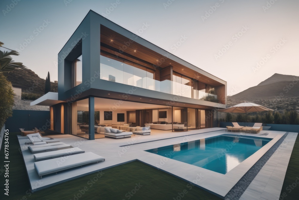 Fototapeta premium Exterior of modern minimalist cubic villa with swimming pool at sunset