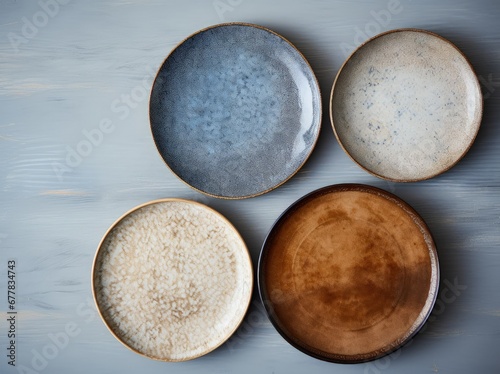 Colorful Ceramic Plates Arranged on Grey Wooden Table
