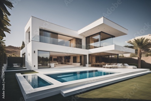 Exterior of modern minimalist cubic villa with swimming pool at sunset © Marko