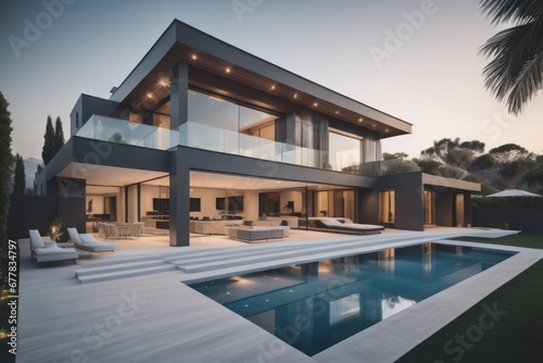 Exterior of modern minimalist cubic villa with swimming pool at sunset © Marko