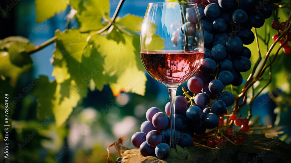 Beautiful glass of wine on a background of nature, grapes and vines. Beautiful life . Close-up . Beautiful background, footage.