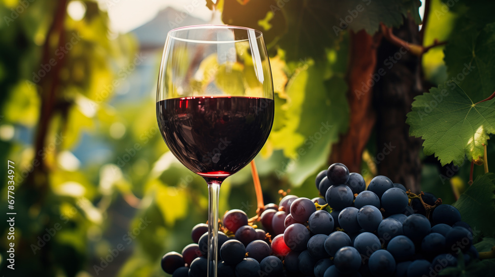 Beautiful glass of wine on a background of nature, grapes and vines. Beautiful life . Close-up . Beautiful background, footage.