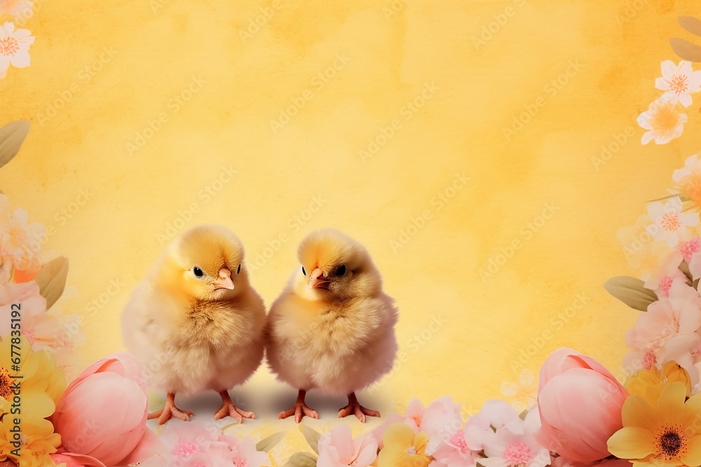 Two cute chicks surrounded by pink flowers and petals