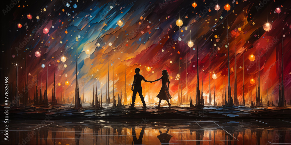 Obraz premium Kunstvolle Zeichnung tanzender Figuren im bunten Neonlichter im Querformat für Banner, ai generativ