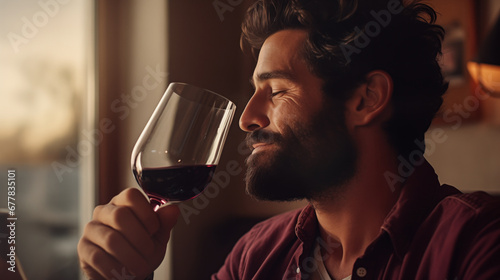 Handsome middle-aged man with a glass of wine at home. Rest . Beautiful footage.