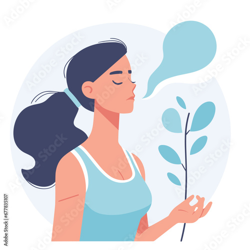 Woman doing inhale breath exercise for calm stress relief flat simple vector illustrations on white background