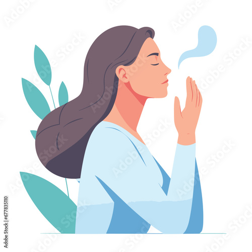 Woman doing inhale breath exercise for calm stress relief flat simple vector illustrations on white background
