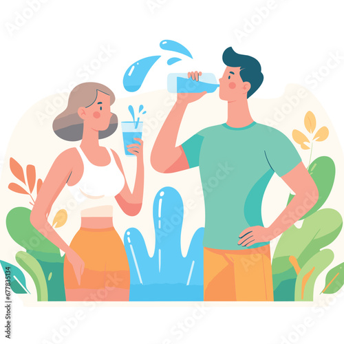a man and woman drinking water stay hydrated flat simple vector illustrations on white background