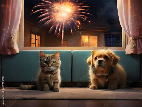 Pets during holidays. Cat and dog scared of loud firework noises