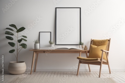 Home workplace  wooden chair and desk near white wall with blank mockup poster frame. Interior design of modern living room