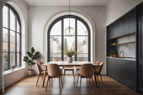 Interior design of modern small dining room with arched window 