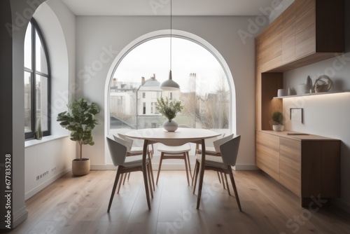 Interior design of modern small dining room with arched window  © Marko