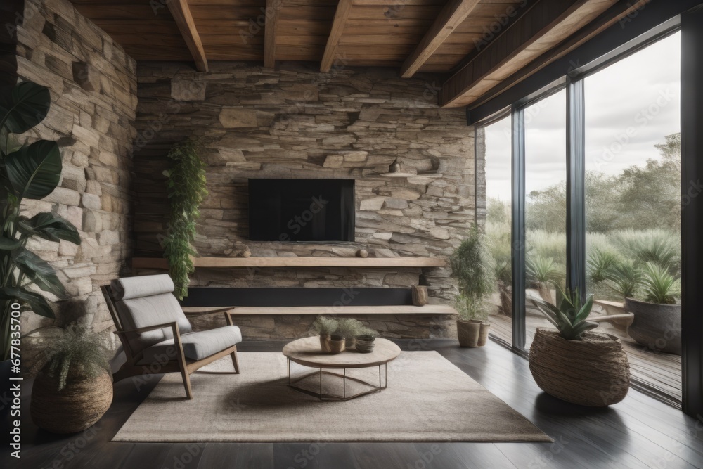 Lounge chair against floor to ceiling window near potted houseplants and wild stone cladding wall Lounge chair against floor to ceiling window near potted houseplants and wild stone cladding wall