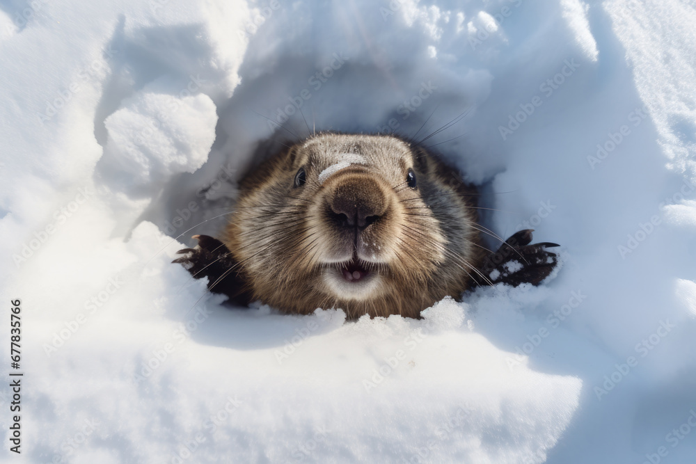 Groundhog coming out of his hole in the snow, winter time - obrazy, fototapety, plakaty 