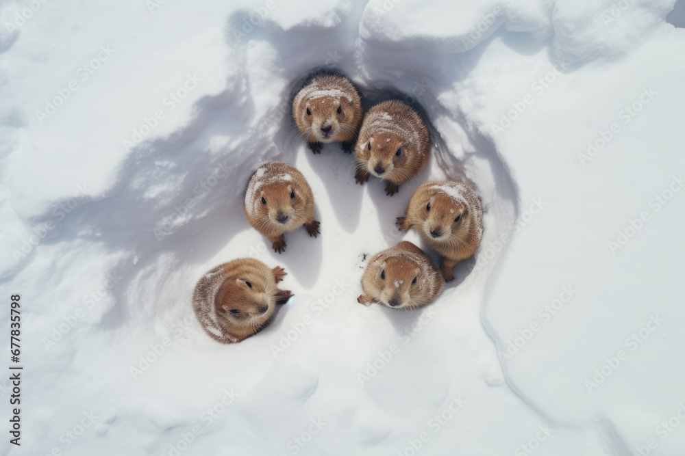 Top view of groundhogs in the snow, groundhog happy day Top view of groundhogs in the snow, groundhog happy day