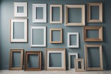 Many different wooden frames with blank canvas leaning against wall and vase with pampas grass