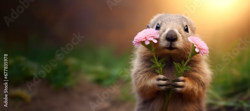Copy space Happy groundhog day, groundhog holding flowers