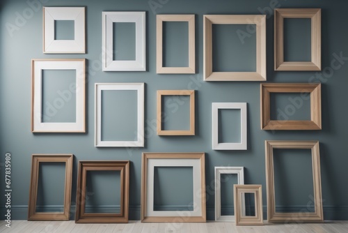 Many different wooden frames with blank canvas leaning against wall and vase with pampas grass