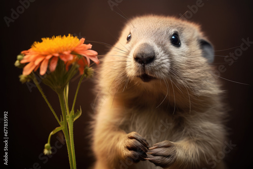 Closeup portrait of groundhog looking at a flower, happy groundhog day