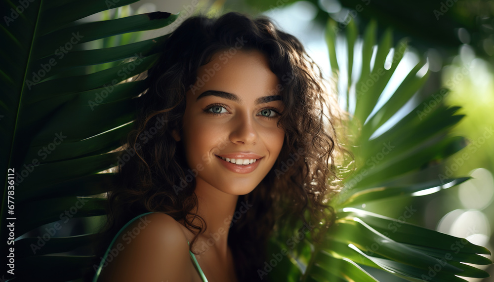 Portrait of young happy Brazilian woman in jungle, skin care beauty, skincare cosmetics, dental concept. Portrait of young happy Brazilian woman in jungle, skin care beauty, skincare cosmetics, dental concept.