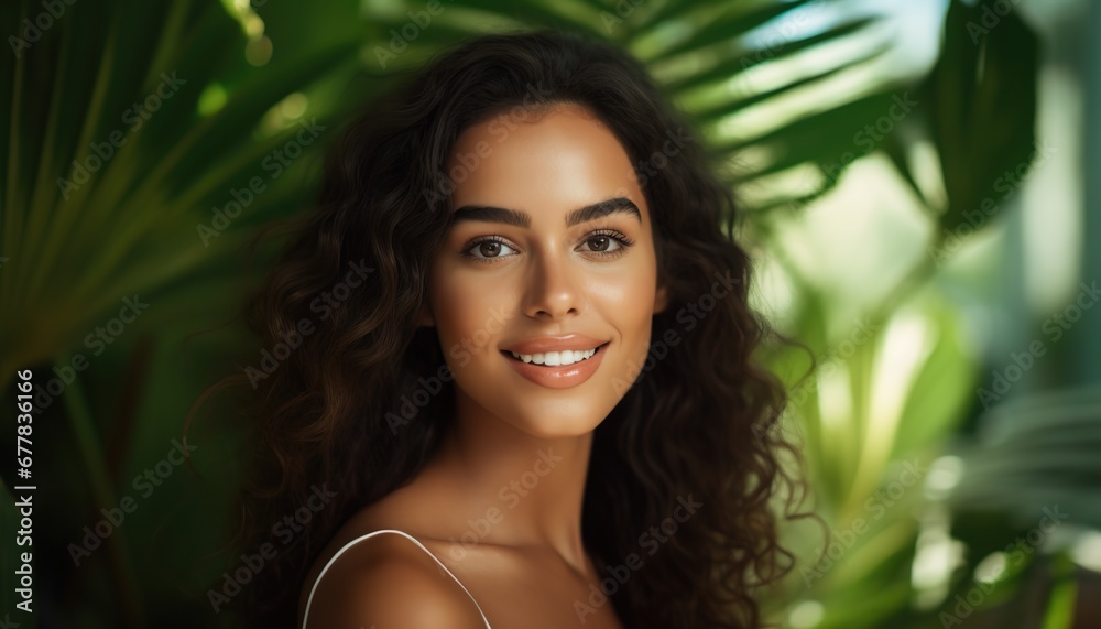 Portrait of young happy Brazilian woman in jungle, skin care beauty, skincare cosmetics, dental concept. Portrait of young happy Brazilian woman in jungle, skin care beauty, skincare cosmetics, dental concept.