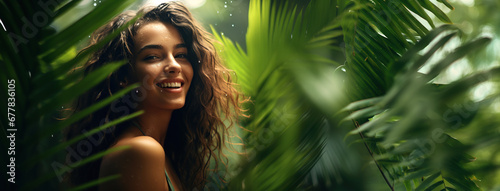 Beauty in the Jungle. Portrait of young happy Brazilian woman in jungle, skin care beauty, skincare cosmetics.
