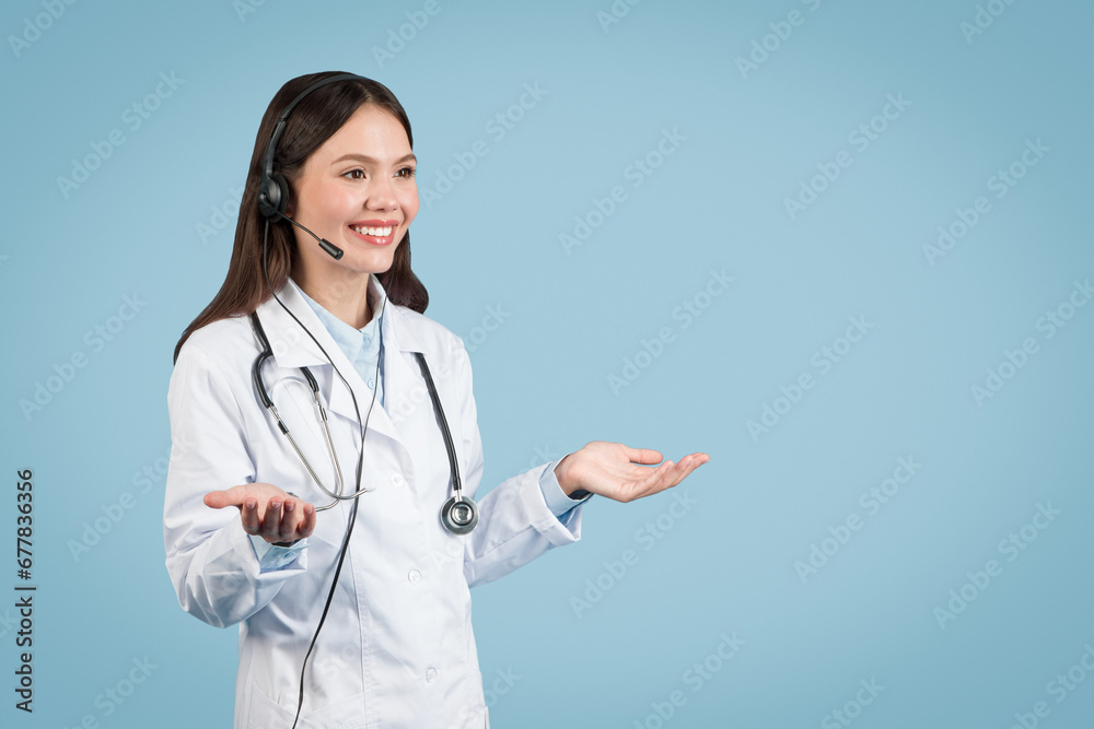 Online doctor with headset ready to assist, consulting patient Online doctor with headset ready to assist, consulting patient