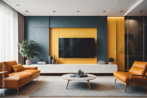 Minimalist style interior design of modern living room with tv 