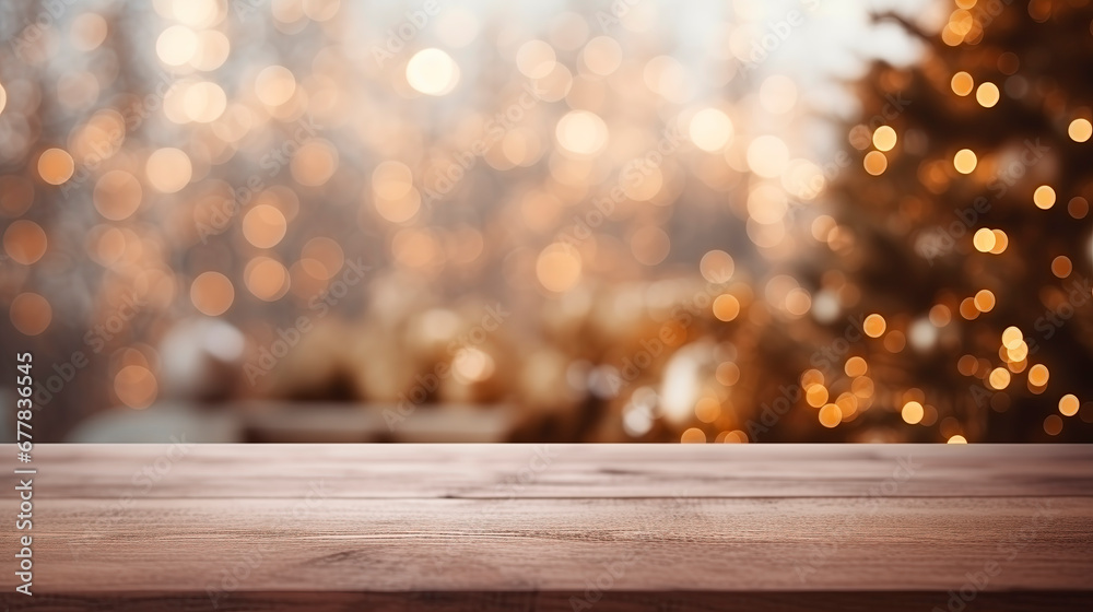 Empty wooden table against the background of a blurred New Year's composition. A place to place your product. Festive background Empty wooden table against the background of a blurred New Year's composition. A place to place your product. Festive background