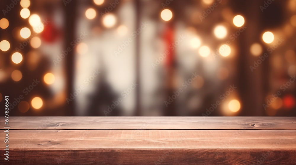 Empty wooden table against the background of a blurred New Year's composition. A place to place your product. Festive background