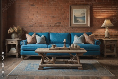 Rustic coffee table near blue sofa against brick wall © Marko