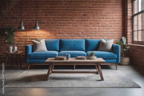 Rustic coffee table near blue sofa against brick wall