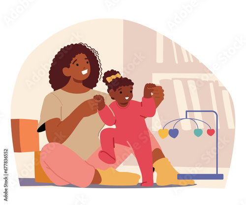 Happy Mom And Toddler Daughter Characters. Loving Mother Engages Her Giggling Baby On The Floor Sharing Precious Moments