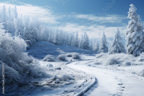 Winter forest in the mountains. White frosty landscape.