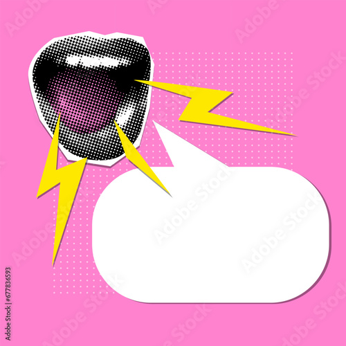 Modern collage design. Pop art style screaming mouth with speech bubble. Halftone female lips in retro comic style. Advertising concept. Marketing. Sale banner. Design elements to attract attention