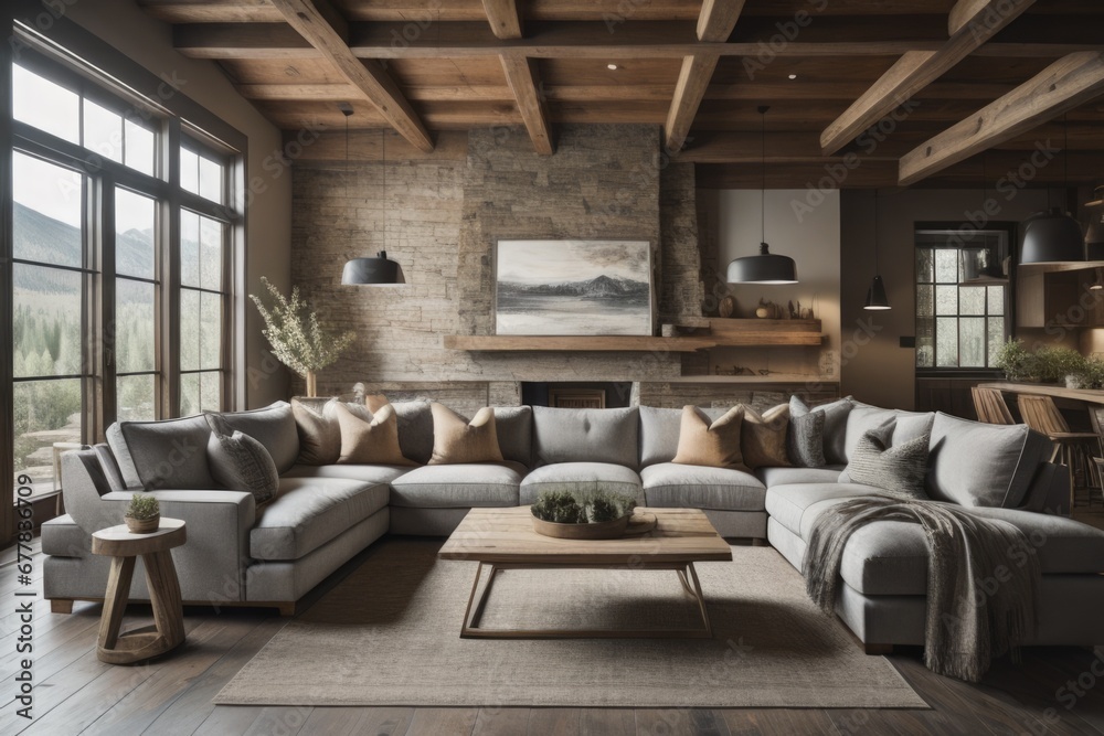 Rustic interior design of modern living room with grey sofas Rustic interior design of modern living room with grey sofas