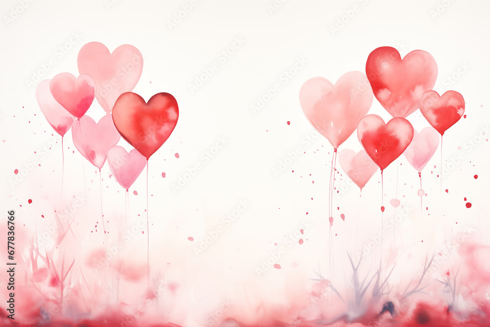 Red balloons in shapes of hearats, St Valentine's day minimalistic background. Watercolor illustration, symbol of love