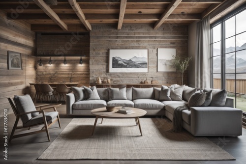  Rustic interior design of modern living room with grey sofas 