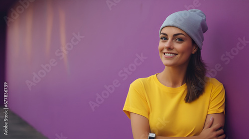 Beautiful smiling young woman standing at the wall, beautiful realistic ai