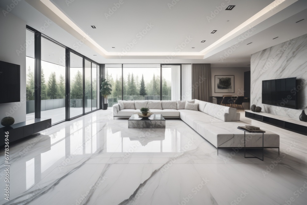 Fototapeta premium spacious minimalist home interior design of modern living room with marble tiled floor