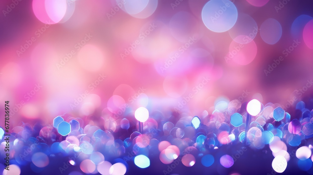 Purple bokeh background. Defocused shiny objects pastel pink, purple, violet and blue color. 